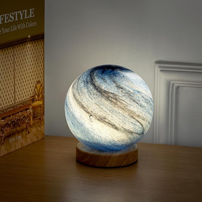 New Luxury Planet Night Light Glass Bedside with Wooden Base 3 Modes - Dimmable Swirl Planet Table Lamp for Bedroom Nightstand, Desk Lamp for Living Room, Office, Kids (Light Blue)