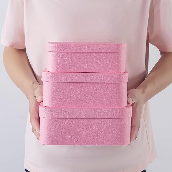 Soul & Lane Set of 3 Textured Pink Boxes with Rounded Edges, Decorative Cardboard Boxes with Lids, Nesting Gift Storage, Large Paperboard Containers for Organizing and Keepsakes