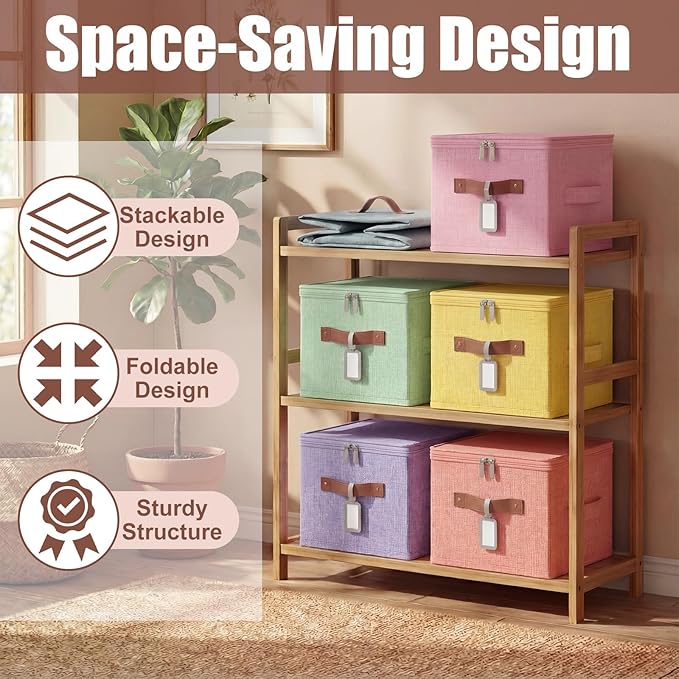 6 Pack Fabric Storage Bins with Lids and Label, 10×8×7In Foldable Cotton Linen Cute Storage Box with PU Leather Handles for Closet, Bedroom, Nursery, Pink, Purple, Blue, Green, Yellow, Orange