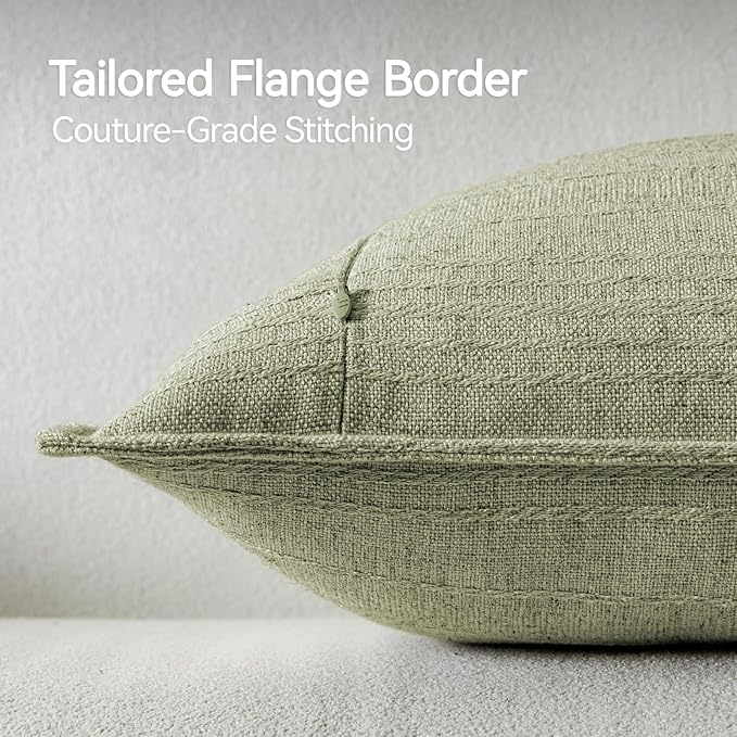 a moment Linen Pillow Covers Set of 2,Boho Farmhouse Throw Pillowcases Neutral Textured Decorative Covers for Couch Sofa,Linen Blend Accent Case Cushion Living Room Home Decor 22"x22"Seeding Green
