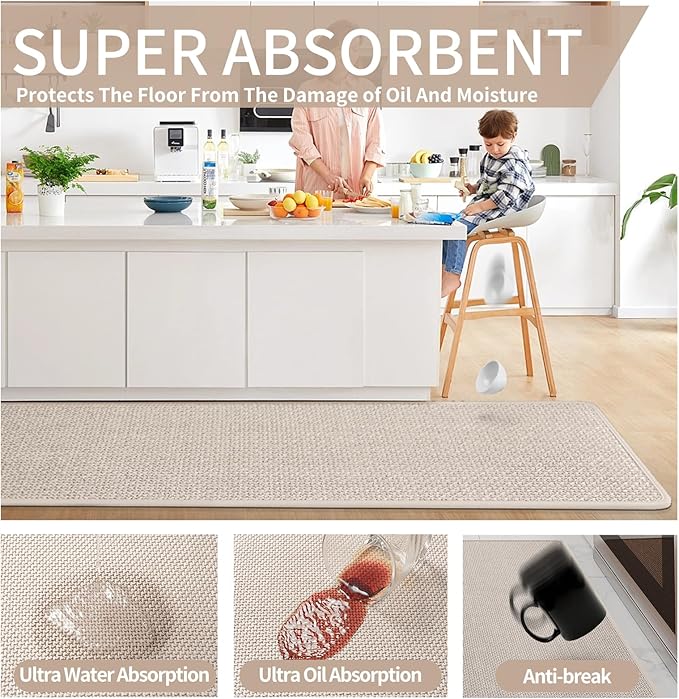 Kitchen mats for Floor Water and Oil Absorbent Runner Rugs for Kitchen, Kitchen Mat in Front of Sink,Non-Slip Kitchen Rugs,Durable Imitation Linen Kitchen Rug Beige 17x30+17x47