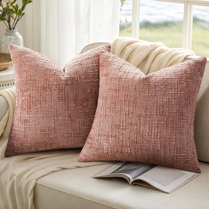 decorUhome Spring Pink Chenille Euro Sham Throw Pillow Covers 22x22 Set of 2 Textured Slubby Couch Pillow Covers Farmhouse Accent Neutral Decorative Pillow Cases for Bed Sofa Living Room Valentines