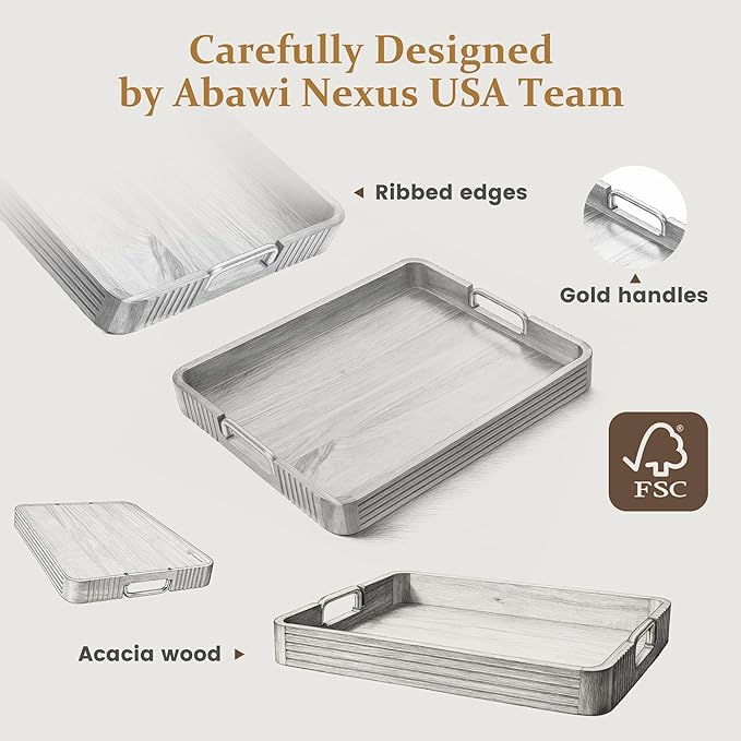 Acacia Wood Serving Tray with Metal Handles  – 17x13in Rustic Decorative Ottoman & Coffee Table Tray for Breakfast in Bed, Dinner, Bar, Kitchen, Home Décor & Entertaining