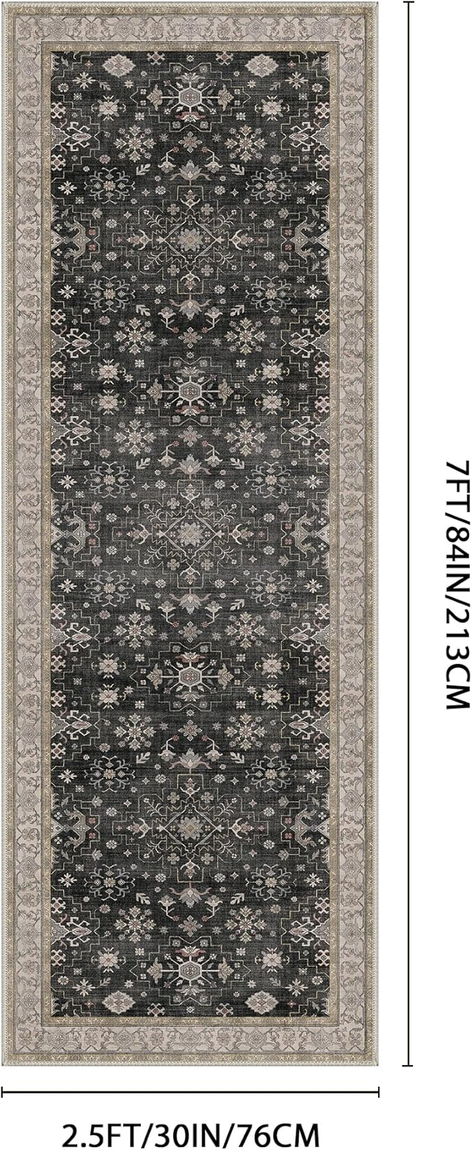 GENIMO 2'6‘’x7 Runner Rug,Machine Washable Non-Slip Vintage Rugs,Low Pile Lightweight Carpet for Bedroom,Hallway,Entryway,Kitchen,Bathroom,Black