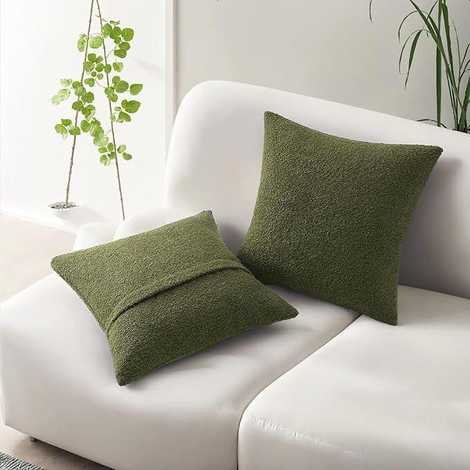HAUSSY Set of 2 24x24 Decorative Throw Pillow Covers, Soft Cozy European Pillow Shams Textured Boucle, Home Decor for Couch Bed Living Room, Moss Green