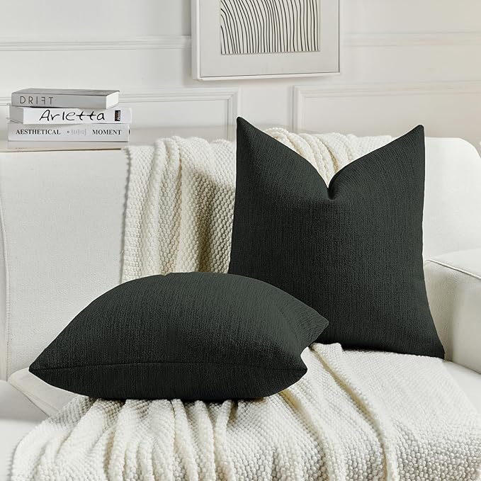 FUTEI Black Chenille Decorative Throw Pillow Covers 18x18 Inch Set of 2,Soft Cozy Faux Linen Textured Cushion Case,Farmhouse Home Decor for Couch Living Room