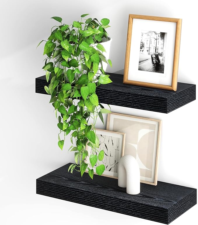 Fun Memories Floating Shelves for Wall, 20Inch Floating Shelves Set of 2, Hanging Shelf with Invisible Brackets, Wood Shelves for Living Room, Bedroom, Kitchen, Black