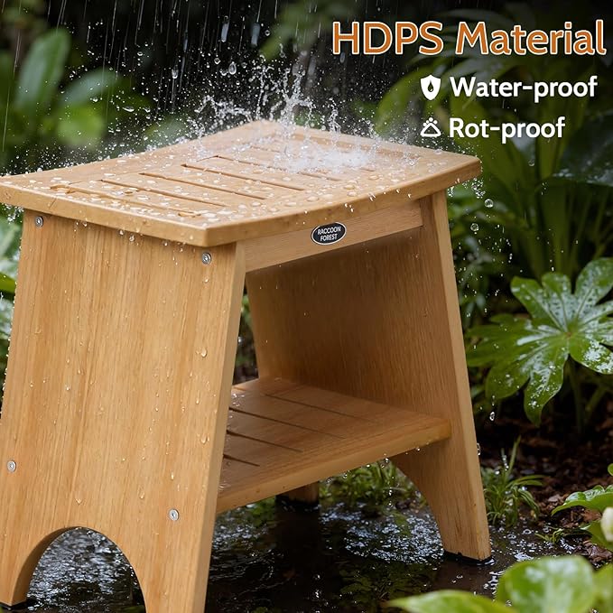 Shower Stool for Inside Shower, Shower Benches for Shaving Legs, 500lbs Shower Chair with Space-Efficient Storage Shelf, Waterproof Shower Seat for Spa Bathroom, Indoor or Outdoor Use(Teak Style)