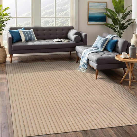 Beverly Rug Non Slip Area Rug 4 x 6 Modern Durable Ultra Soft Ribbed Indoor Rugs for Living Dining Room Office Stain Resistant Non Shedding Casual Easy Shag Indoor Carpet Beige 4x6