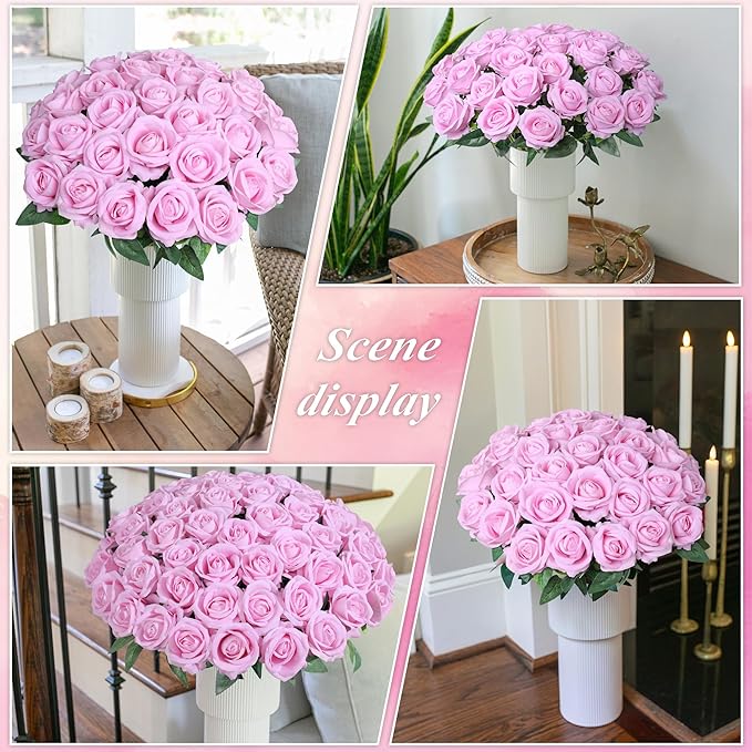 50 PCS Pink Roses Artificial Flowers, Fake Roses with Stem Realistic Silk Roses for DIY Wedding Bouquets Table Centerpieces Arrangements Baby Shower Birthday Home Decor Valentine's Day Gift for Her