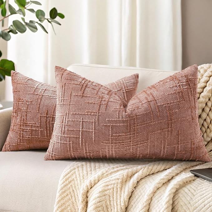 decorUhome Spring Pink Chenille Throw Pillow Covers 12x20 Set of 2 Textured Slubby Couch Pillow Covers Farmhouse Accent Neutral Decorative Pillow Cases for Bed Sofa Living Room Valentines