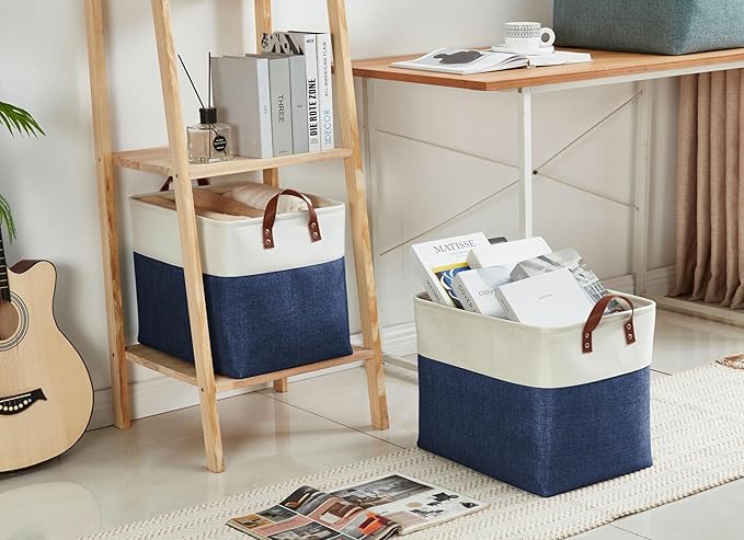 DECOMOMO Large Fabric Storage Baskets - Linen Closet Storage Bins with Handles for Laundry, Clothes, Home, Office (Navy Blue & White, XXL - 3 Pack)