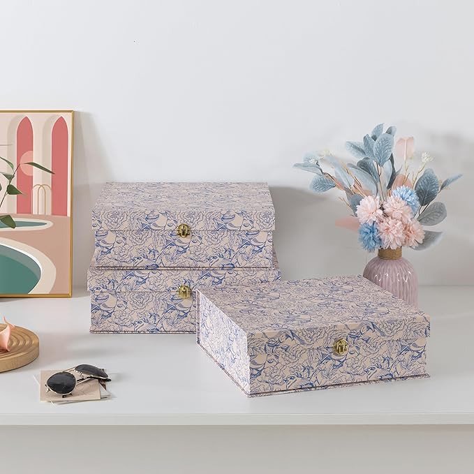 Soul & Lane Blue and White Floral Cardboard Decorative Storage Boxes with Gold Hardware - Set of 3, Aviary Garden - Stacking Boxes with Lids for Home Decor and Organizing, Elegant Design