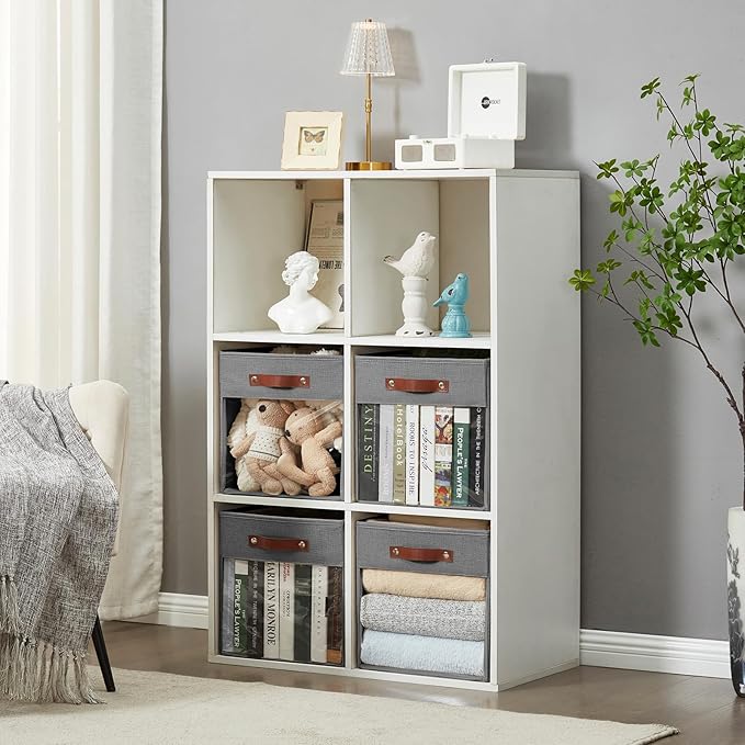 Storage Cubes Storage Organizer with Clear Window, Linen Collapsible Storage Bins with PU Handles, Cube Storage Basket for Shelves, Closet, Cabinet, Bookcase (13x13x13, Gray)