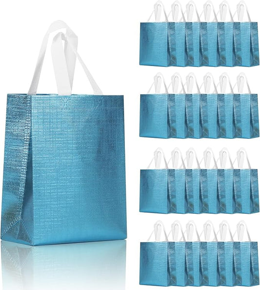 cabzymx Blue Small Reusable Gift Bags with Metallic Design, 25 Pcs Return Gift Bag Bulk for Wrapping Gifts, Birthday, Wedding, Parties-10.2x3.9x8.3 In