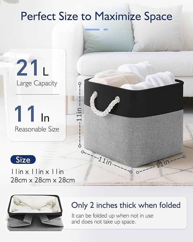 11 Inch Storage Cubes 6-Pack, Foldable Fabric Organizer Bins with Rope Handles, Cube Storage Baskets for Closet Shelves and Home Organization(Dark/Gray)