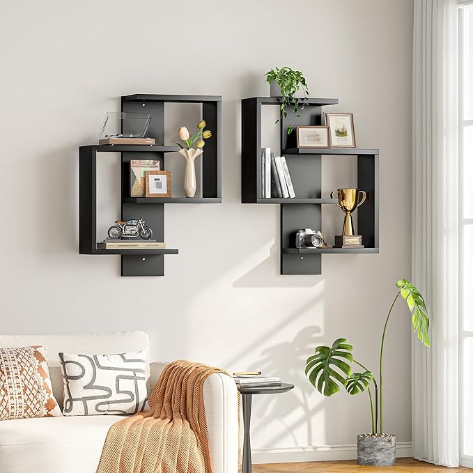 REIBII Multi Functional Floating Shelves, Wall Mounted Shelves, Wood Display Shelf for Living Room, Bedroom, Office, Lack Shelf for Home Decor, Black