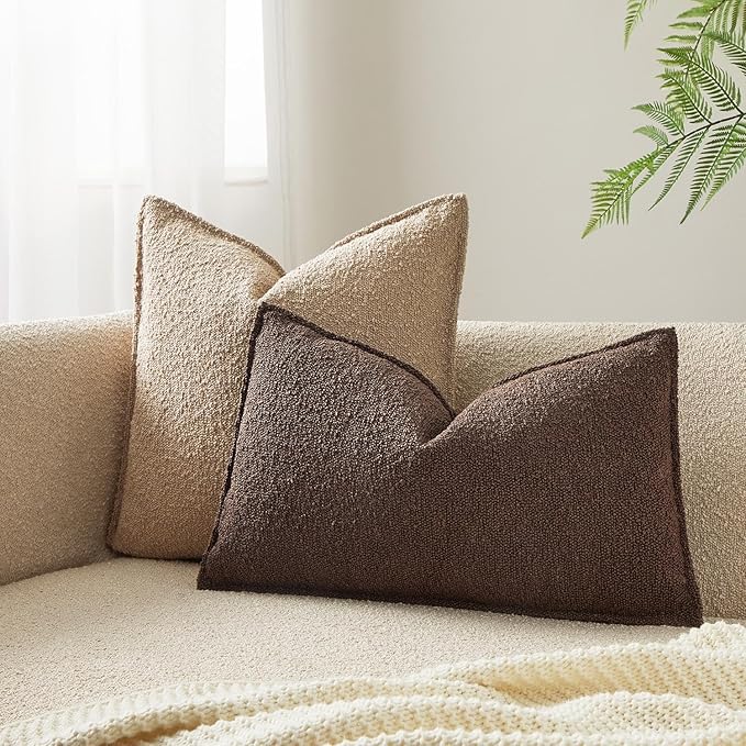 JUSPURBET Brown Decorative Pillow Covers 16x24 Set of 2 Throw Pillow Covers for Couch Sofa Bed Cozy Boucle Textured Lumbar Cushion Covers Cases with Hidden Zipper for Living Room Home Decor