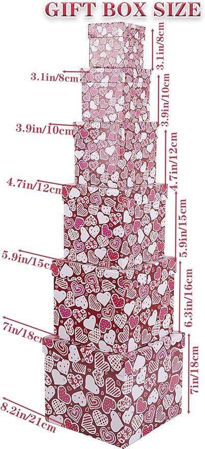 JWSCYSY 6PCS Valentine's Day Nesting Gift Boxes with Lid, Square Gift Boxes with Ribbon, Decorative Boxes Assorted Size for Valentine's Day Presents Wrapping, Party Favor Boxes (Red)