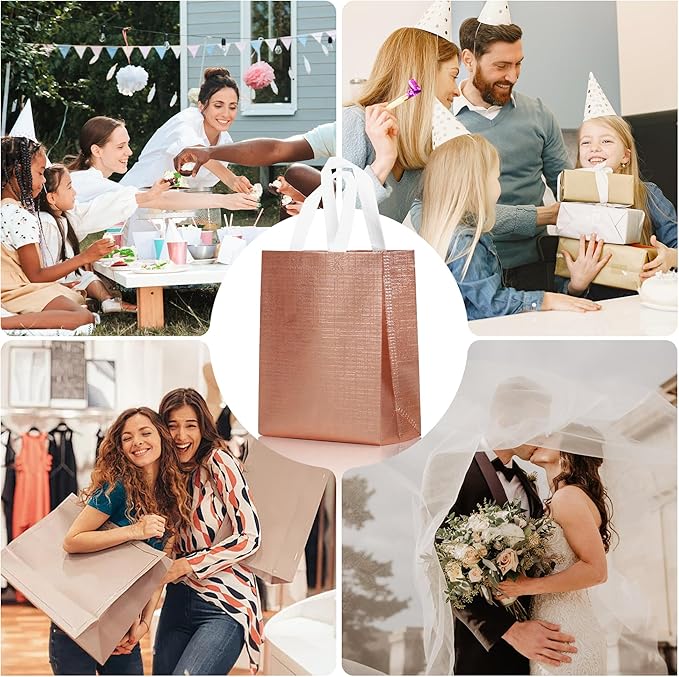16 Pcs Metallic Bling Small Gift Bags Bulk with Cardboard Bases, 10.2x3.9x8.3 In Glossy Rose Gold Reusable Party Favor Bags for Birthday, Wedding, Christmas, Partie