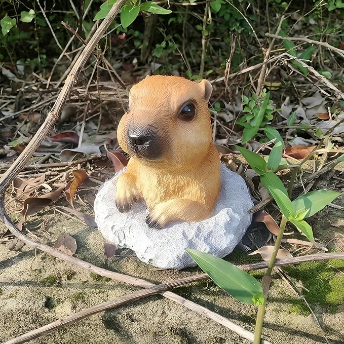Garden Groundhog Statue, Tan Resin Wildlife Figurine, Rustic Outdoor Decoration, 5.2x5.2x5.2 Inches, Matte Finish