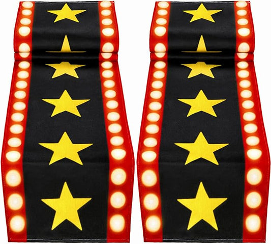 2 Pcs 13 x 72 Inch Movie Night Table Runner with Gold Star Design - Movie Night Black Carpet Decoration for Birthday Party Supplies （Black）