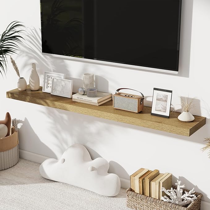 Fun Memories 55 Inch Long Floating Shelves for Wall, 8" Deep Floating Shelves for Bathroom Living Room Bedroom, Rustic Wall Mounted Shelf with Invisible Heavy-Duty Bracket, Set of 2, Oak