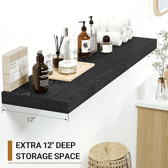 Vivelove Black Floating Shelves 15.7 Inches Wide, 12" Deep Wall Shelves for Bedroom, Bathroom, Living Room, Kitchen, Office, Rustic Home Decor Shelf with Invisible Brackets, 15.7X12X1.5, Set of 2