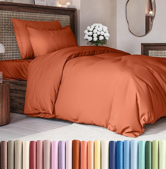 Duvet Cover Twin/Twin XL Size Set - Extra Soft Duvet Cover 68 x 90 with 1 Pillow Sham - Hotel Luxury, Easy Care and Fade Free with Zipper Closures & Ties - Comfy, Breathable Bedding Set (Terracotta)