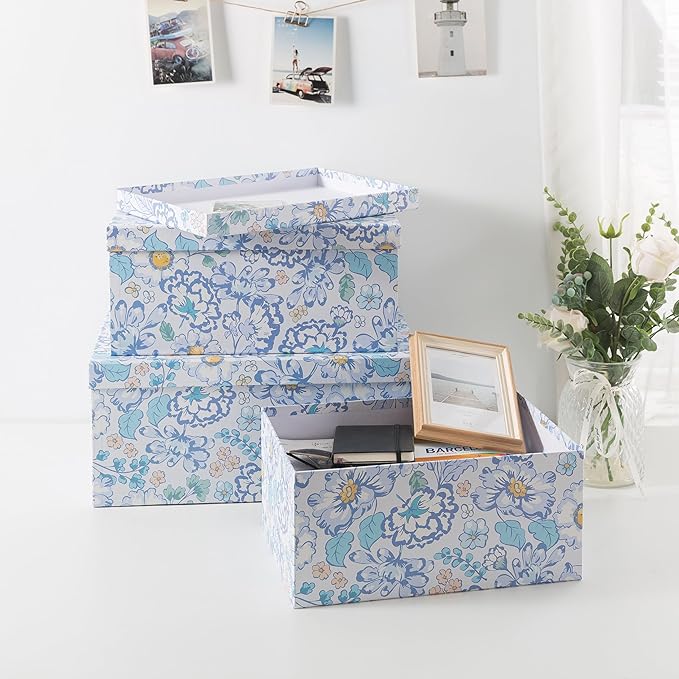 Soul & Lane Decorative Cardboard Storage Boxes For Home Décor, Sky Meadow, Set of 3: Floral Paperboard Nesting Storage With Lids, Memory Boxes For Keepsakes And Photos, Gift Set For Presents
