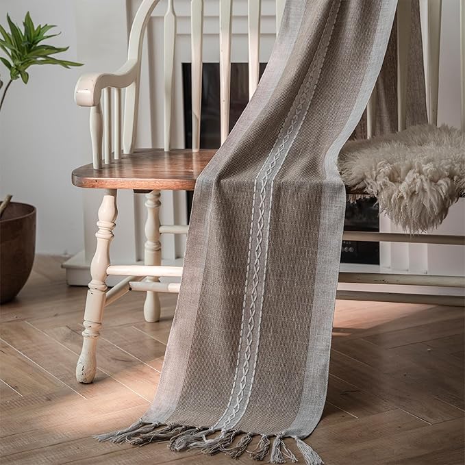 Niviy Farmhouse Table Runner, Embroidered Striped Braided Coffee Boho Table Runner, Cotton Linen Farmhouse Table Decoration for Holiday Party 12 x 36 Inches
