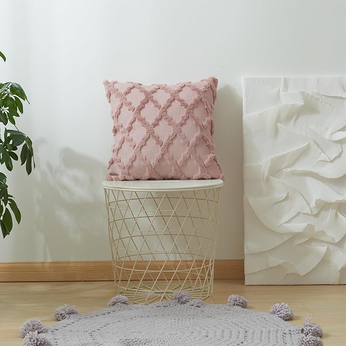 EMMTEEY Boho 20X20 Throw Pillow Covers Set of 2 - Single-Side Fluffy Stripe Stitching Embroidery, Wrinkle Resistant Pillow Case for Couch/Living Room/Bedroom Décor, Pink