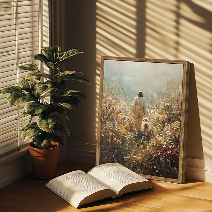 Jesus Leaves the 99 Sheep Wall Art, Jesus and Lamb Canvas Pictures, Lost Lamb Wall Decor Paintings Christian Bible Posters Prints Artwork for Living Room Prayer Room Bedroom 16x24 Inch Wood Framed