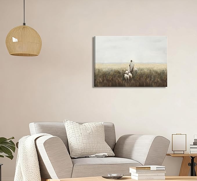 Jesus and Lamb Canvas Wall Art Vintage Christianity shepherd Painting Picture Wall Decor Jesus Leaves the 99 Sheep Inspirational Poster Print Artwork for Church Study Living Room Home Decoration