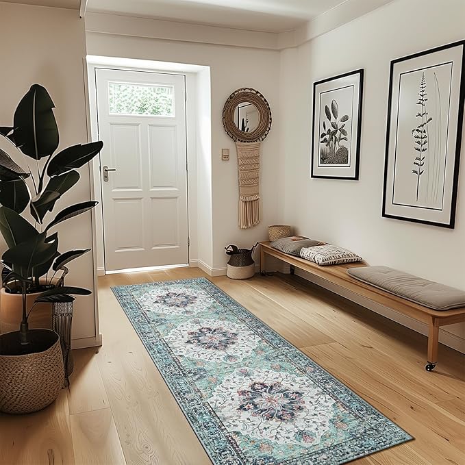 RELEANY Area Rugs 2'x8' Washable Non-Slip, Floral Vintage Distress Print Pattern Medallion Carpet for Living Room Bedroom Dining Room, Green Navy Blue White Red Teal Colorful