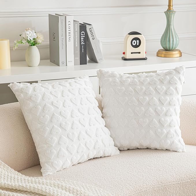 AQOTHES Set of 2 Heart Love Cute White Decorative Valentines Throw Pillow Covers 20x20, Soft Plush Faux Fur Pillow Covers for Couch Sofa Home Valentines Day Decoration
