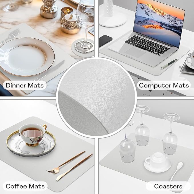 Faux Leather Placemats Set of 6, Vinyl Placemats Heat Resistant Place Mats, Waterproof Oil-Proof Wipeable Dining Table Mats and Coasters for Kitchen, Indoor, Outdoor (White)