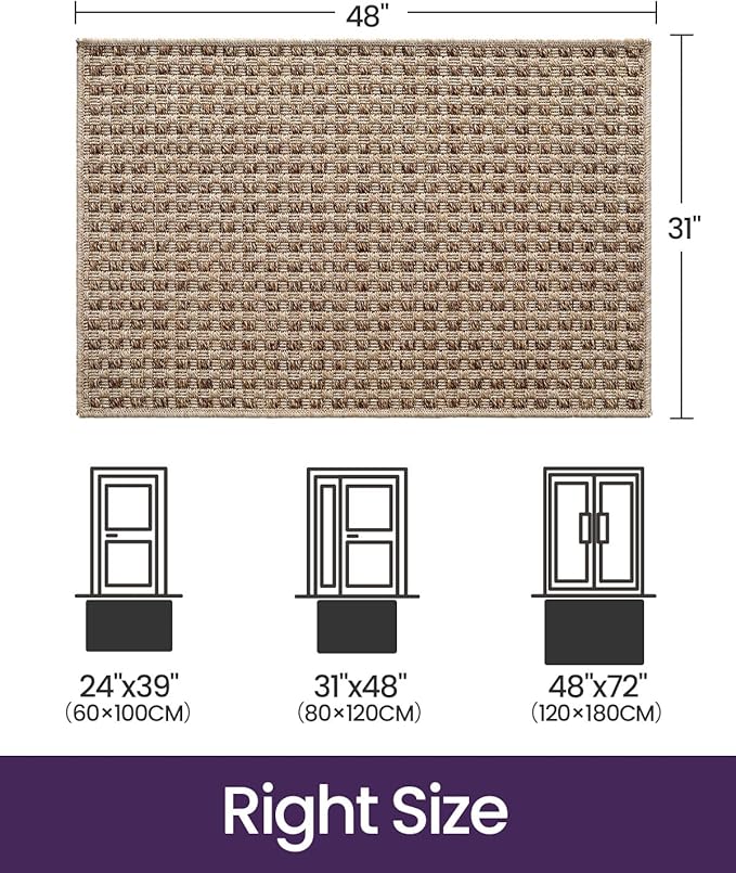 DEXI Dirt Trapper Door Mat, 31x48 Washable Doormat, Dirt Resistant and Absorbent, Easy Clean Low-Profile Floor Rugs for Entryway, Front Door, and Inside Entrance, Checkered Beige
