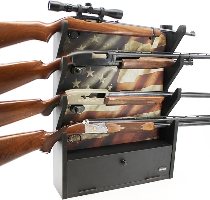 Rush Creek Creations, Gun Rack for Wall, Storage for 4 Guns, Rifles or Shotguns, American Flag Gun Rack Display, Wall Mount, Additional Storage for Gun Accessories