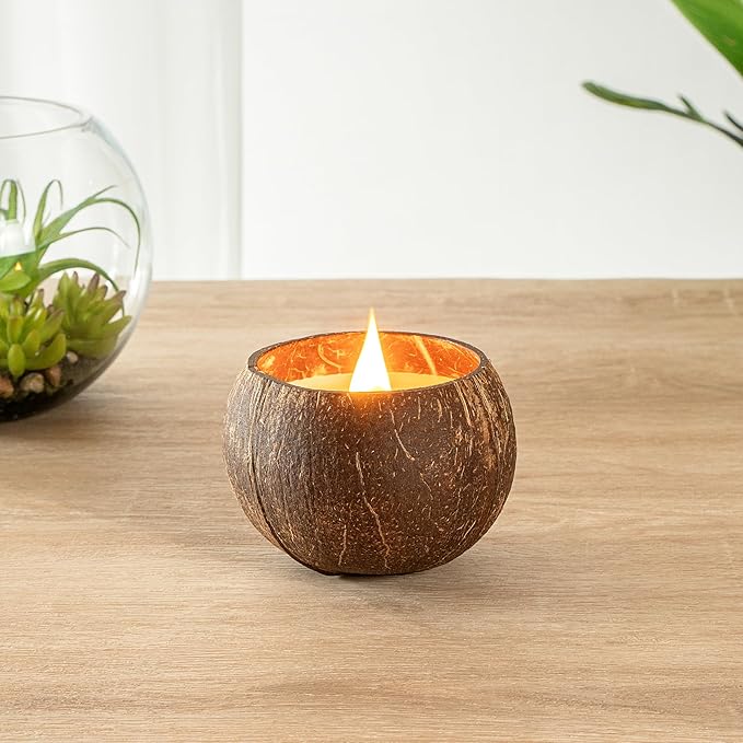 Restaurantware-Coco Casa 3.9 x 2.8 Inch Coconut Shell Candle, 1 Hand Poured Coconut Bowl Candle - Spring Hydrangea Fragrance, Double Wax Blend, Soy Wax Scented, Wooden Wick