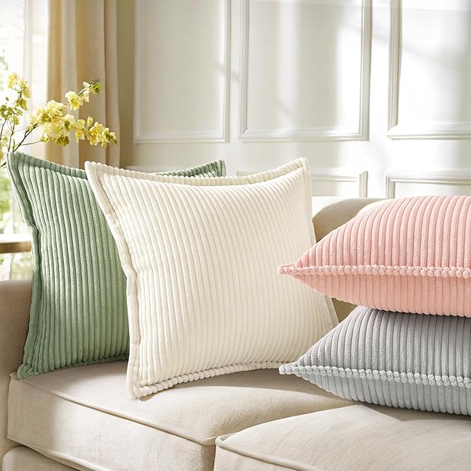 decorUhome Spring Corduroy Sage Green Euro Sham Throw Pillow Covers 24x24 Set of 2 Decorative Soft Boho Farmhouse Couch Pillow Covers for Living Room Bed Sofa Broadside Striped Pillow Cases