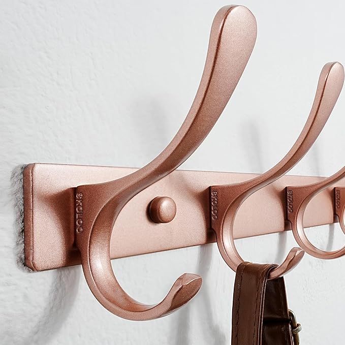 SKOLOO Coat Rack Wall Mounted - 6 Hooks, Heavy Duty, Stainless Steel, Metal Wall Hanger, Sturdy Coat Hooks for Hanging Coats, Jacket, Clothes, Hat, Matte Rose Gold