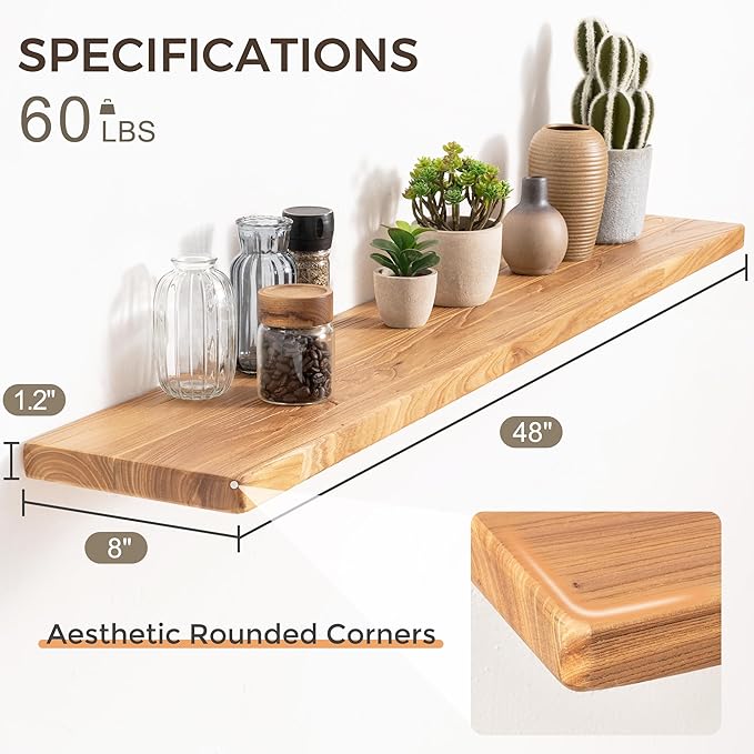 48" Rustic Elm Wood Floating Shelves, 8 Inch Deep Wall Shelves for Home Decor, Wall Mounted Floating Shelf with Invisible Bracket, Heavy-Duty Storage & Display Shelf for Living Room, Kitchen, Set of 1
