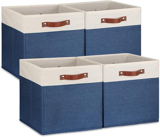 Temary Fabric Storage Bins for Cube Organizer 4 Pack Cube Storage Bins 13 Storage Cubes for Shelves Storage Baskets for Organizing Books, Clothes, Towels (White & Blue, 13x13x13 Inch)