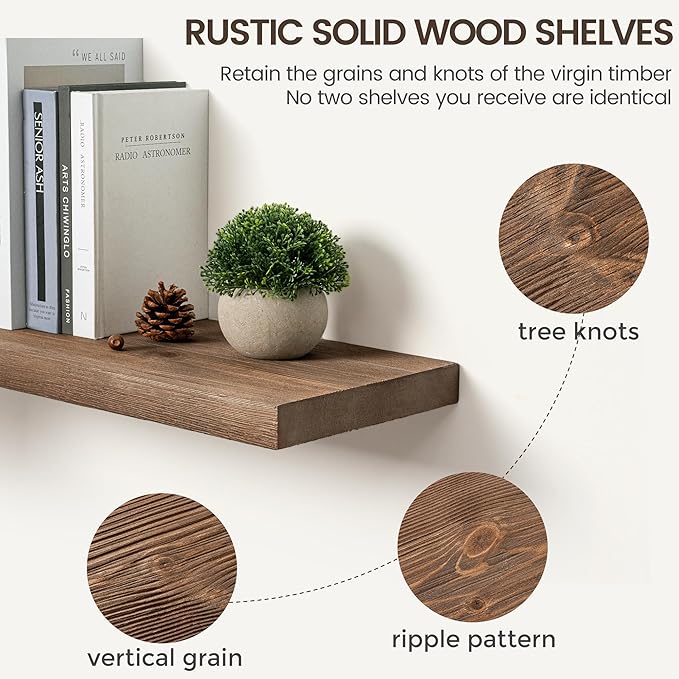 Marsmiles 30 Inch Floating Shelves | 9.3 Inch Deep Dark Wood Wall Shelves Set of 2 | Rustic Reclaimed Wood Shelves for Room Wall | Farmhouse Floating Shelves for Living Room Bathroom