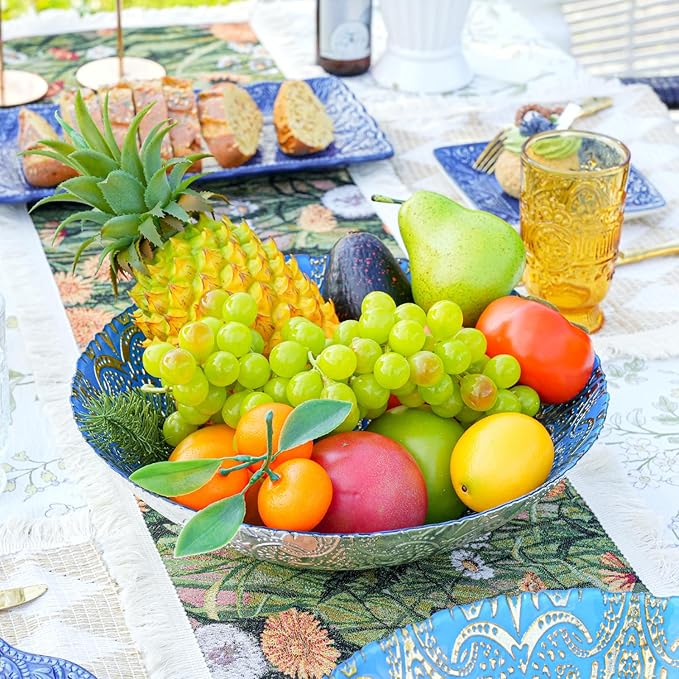 Sungmor 2PC 12.5'' Large Thick Glass Fruit Bowls, Moroccan Style Decorative Serving Bowls, Beautiful Centerpiece Snacks Bowl, Salad Mixing Bowl, Kitchen Counter Display Tray for Breads, Vegetables