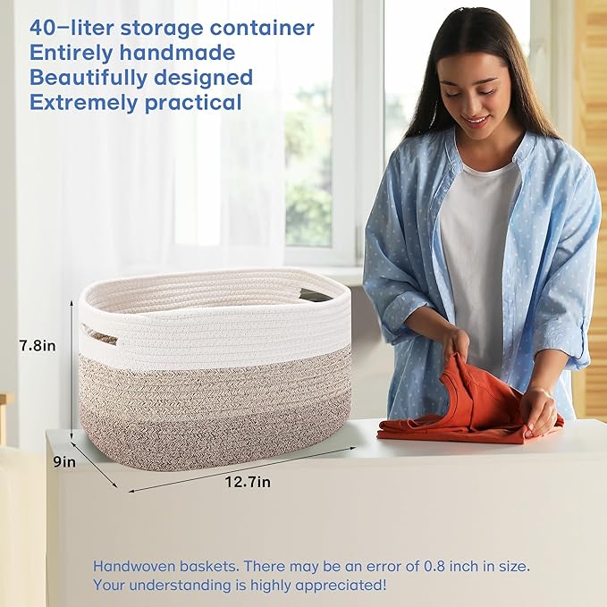 4 Pack Woven Storage Baskets for Organizing - Cotton Rope Baskets for Closet, Toys, Books, Towels, Durable Storage Bins for Shelves, Living Room, Bedroom, 12.7''Lx9''Wx7.8''H (Khaki, 12.7")