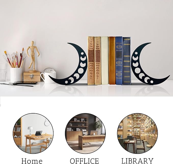 Moon Metal Bookends Moon Phase Decor Moon Book Ends for Shelves Bookshelf Decorative Objects Home Office Desk Bookshelf Decor Nice Gifts for Moon Phase Lovers, Black