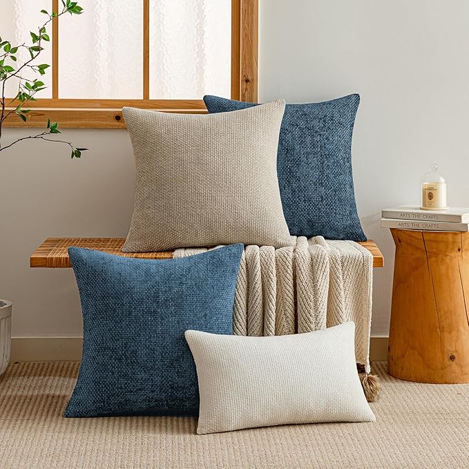 a moment Ocean Blue Chenille Throw Pillow Covers 16x16 Inch Pack of 2 Modern Decorative Throw Pillow Covers Farmhouse Cross Covers Home Decor for Sofa Bedroom Living Room