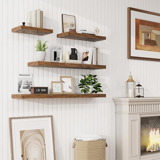 Marsmiles 16in Floating Shelves for Wall, 16" W x 9.25" D x 1.25" H, 2 Pack Long Wall Mounted Engineered Wood Shelves with Invisible Brackets, Rustic Brown